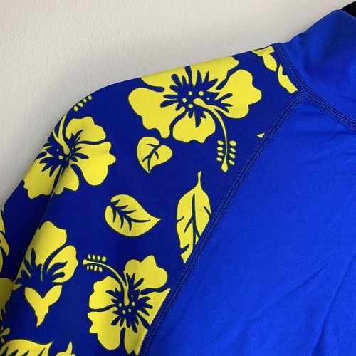 Sun Skinz Rash Guard Sun Swim Shirt Hawaiian Blue Yellow Flowers Size Large - Picture 2 of 12