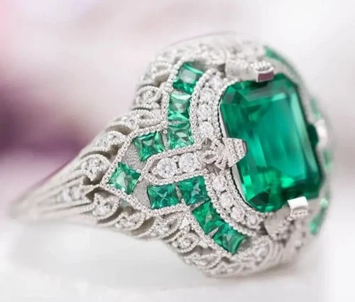 7Ct Emerald Cut Simulated Green Emerald/CZ Women Fancy Ring 14K White Gold Over