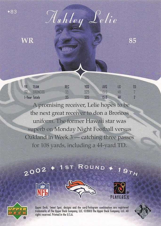 2003 Upper Deck Sweet Spot #83 Ashley Lelie - Image 2 of 2