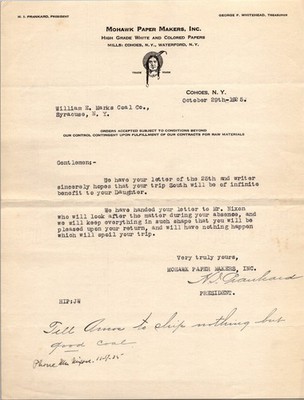 1905 Mohawk Paper Makers Letter Cohoes NY William E. Marks Coal Co. Ephemera