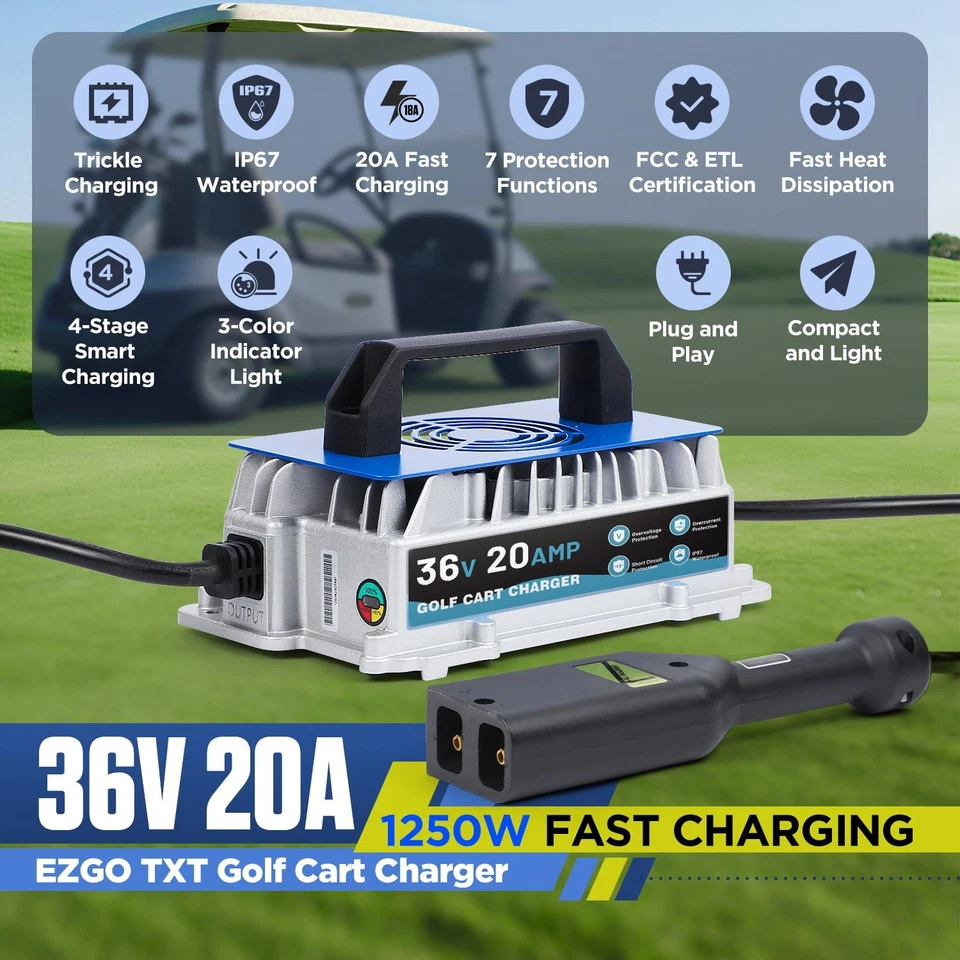 Carregador de carrinho de golfe 20A 36 volts para carrinhos EZGO TXT com plugue estilo D - Imagem 2 de 4