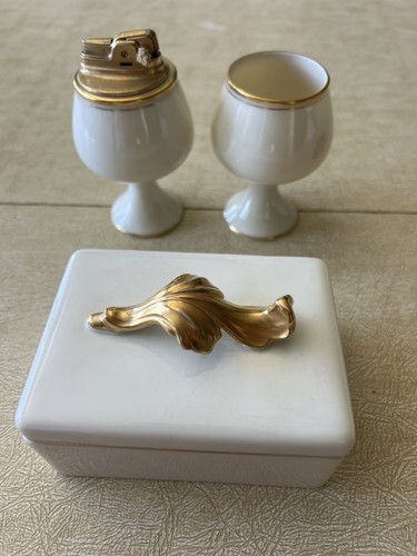 MCM Table Top Lenox Lighter & Cigarette Holder Box Set Gold Ronson Lighter