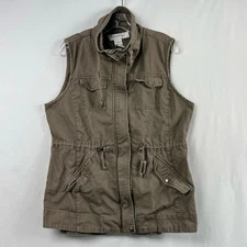Sebby Utility Vest Womens Large Olive Green Drawstring Pockets Zip Up