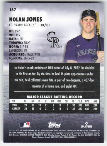 Stadium Club #167 2023 Nolan Jones Colorado Rockies novato 1135 - Imagen 2 de 2