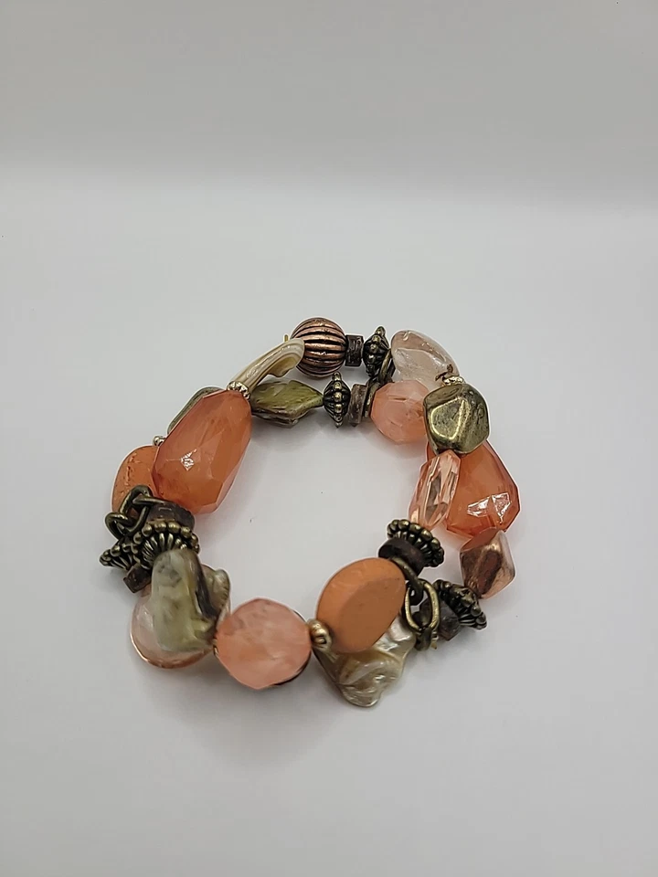 Pulsera elástica vintage Premier Designs tono dorado naranja joyería con cuentas gruesas Foto 3 de 4