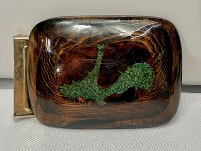 Vintage 1970s  Bill Boggs H Triplet Crushed Turquoise Lacquer Wood Art Belt Buck