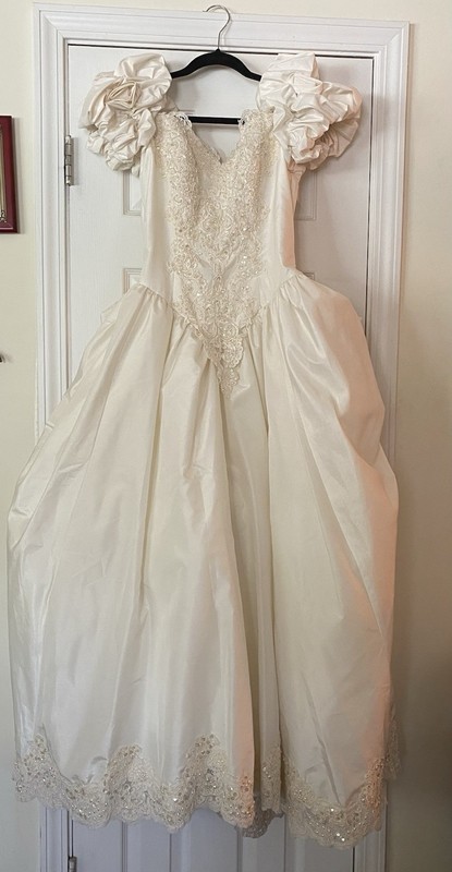 Alfred Angelo Ivory Ball Gown V-Neck Short Sleeve Lace Beaded Button/Zipper