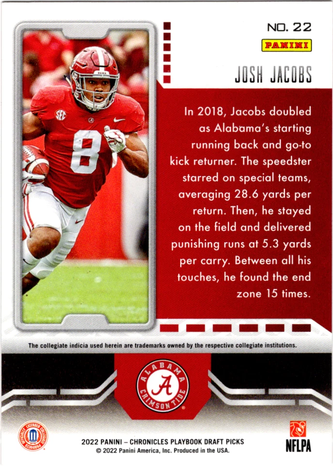 2022 Panini Chronicles PlayBook Draft Picks #22 Josh Jacobs - Red - Image 2 of 2