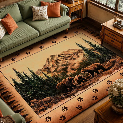 FRAMICS Rustic Cabin Area Rug 5X7, Farmhouse Lodge Bear Moose Deer Rug Washable