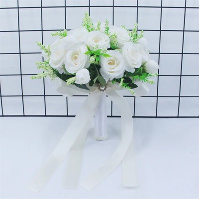 White Silk Rose Bridal Bouquet Handmade Artificial Wedding Flowers Bride Decor