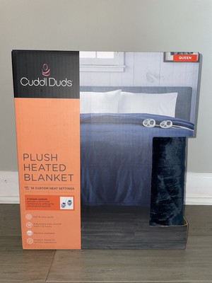 Cuddl Duds Plush Heated Blanket 2 Remotes Queen Navy Blue NEW