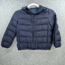 UNIQLO Boys Youth Hooded Puffer Coat Size 5-6 Navy Blue Pockets Full Zip