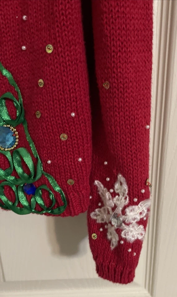 Kim Rogers Christmas Sweater Cardigan Womens XL Red Trees Jewels Ribbons Knit - Image 4 of 4