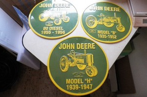 lot of 3 John Deere tractor tin signs 12" diameter model B model H Diesel