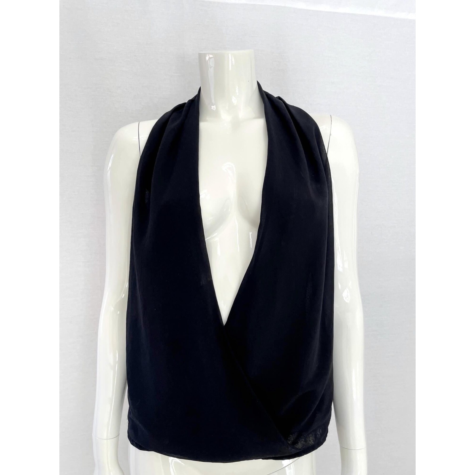 Top halter negro, blusa transparente sin mangas, cuello en V profundo sexy fi...