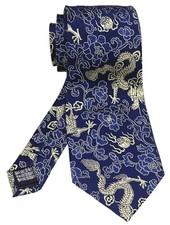 Men's Dragon Tie Peony Embroidery Woven Wedding Formal Silk One Size Navy Gold