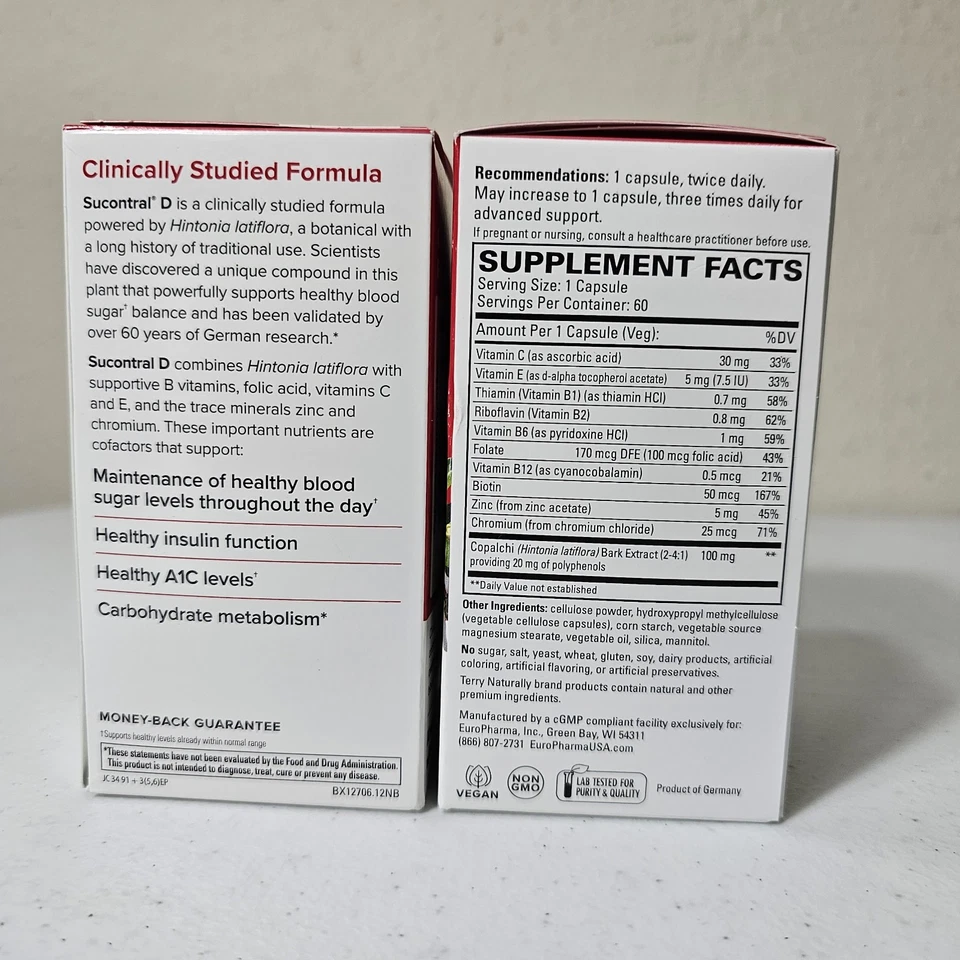 (2) EuroPharma Terry Naturally Sucontral D Balance de azúcar en sangre 120 cápsulas 10/26 Foto 2 de 4