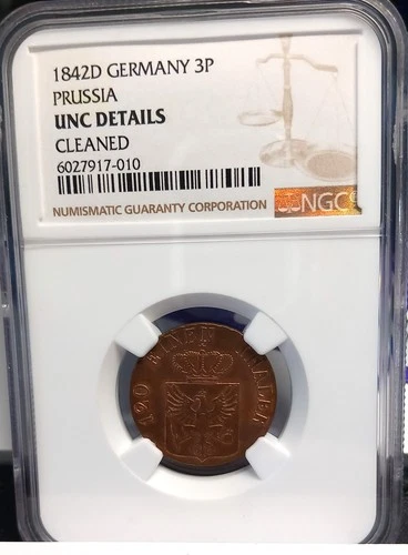 GERMANY PRUSSIA 1842D 3 PFENNIG NGC UNC DETAILS