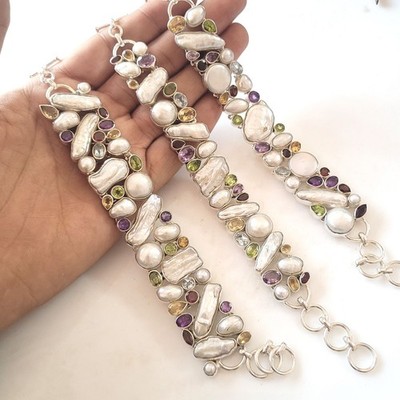 Natural Pearl With Multi Cut Bracelet 925 Sterling Silver Handmade Jewelry Gift.