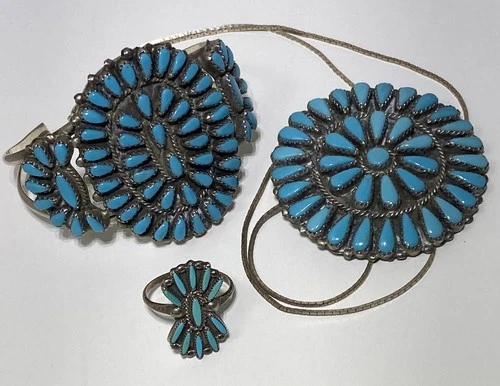 Southwest Sterling Silver/Turquoise Squash Blossom Necklace/Cuff & Ring Vintage