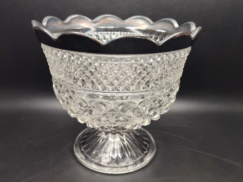 Vintage Anchor Hocking Wexford Crystal Platinum Trim Centerpiece Bowl 7.25"H 8"W