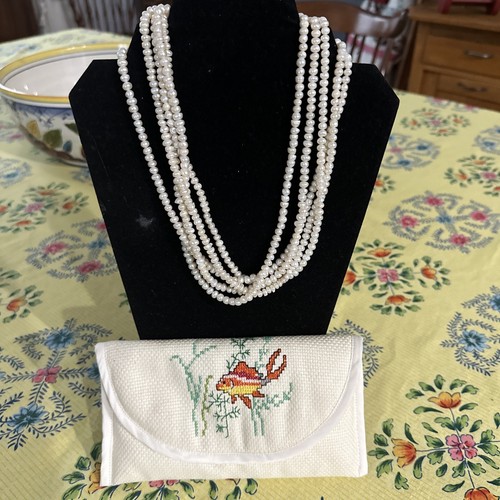Vintage 4mm Genuine Fresh Water Rice Pearls Necklace Multi Strands 16” Pouch