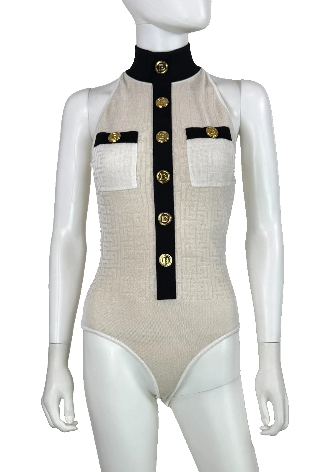 Balmain — Balmain Auth Monogram Halter Neck Bodysuit Dress Top 4 US 40 IT 36 FR S Gold B