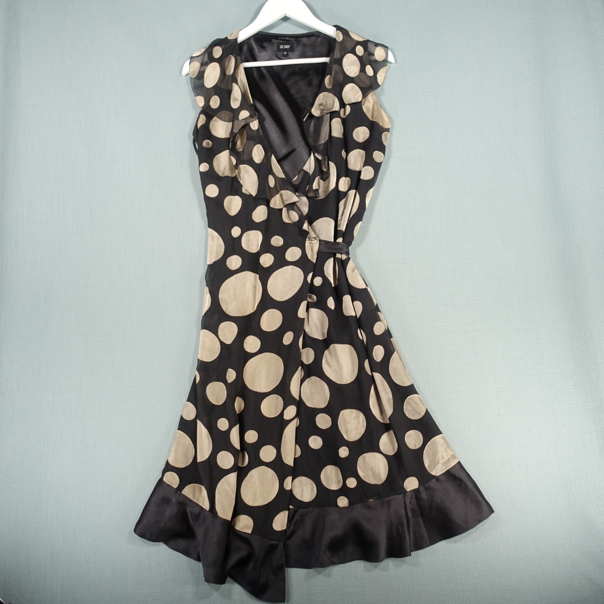 Hobbs London Wrap Dress Womens 10 Black Beige Circle Polka Belt