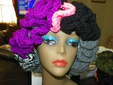 Multi Grey Pink Fushia Black White Handmade Crocheted Ruffle Hat