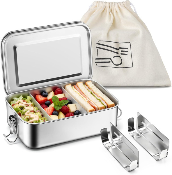 Edelstahl Brotdose Mit 2 FäChern, 850Ml Bento Box Mit Tasche-image