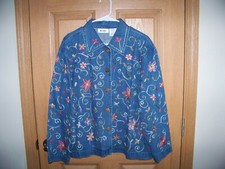 WOMENS DENIM BOHO JEAN JACKET BUTTON UP TOP EMBROIDERED FLOWERS MEDIUM CLEAN