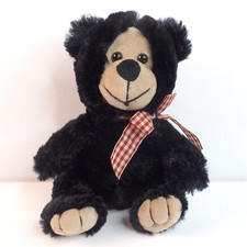 Ms Teddy Bear Inc Bear Plush 8  Seated Black Stuffed Animal Toy with Plaid Bow