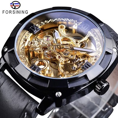 Forsining Mens Skeleton Mechanical Waterproof Luxury Watch Leather Gift Idea