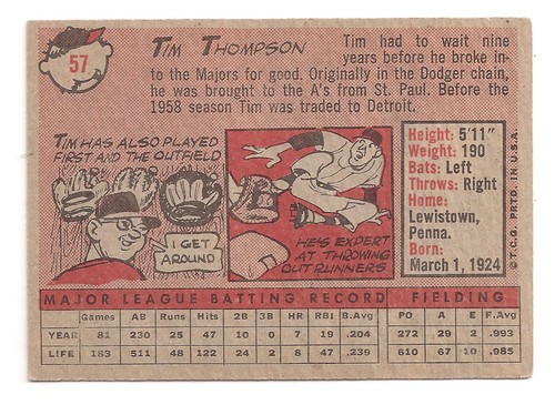 1958 Topps Tim Thompson RC 57 Detroit Tigers VG+ - Picture 2 of 2