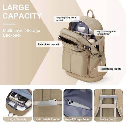 Khaki Laptop Backpack for Men Simple College Travel Casual Daypack Carry On - Picture 2 of 7