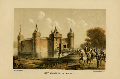 Antiker Druck-ARCHITEKTUR-GESCHICHTE-SCHLOSS-WEDDE-FRIESLAND-Hofdijk-Falle-1872