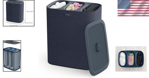 Stylish Black Laundry Basket with Three Compartments for Easy Fabric Separation - Picture 2 of 8