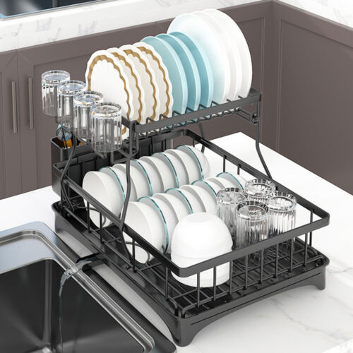 Dish Drainer Drying Rack with Cup Holder Foldable Cutlery Tray Kitchen Organiser - Picture 1 of 60