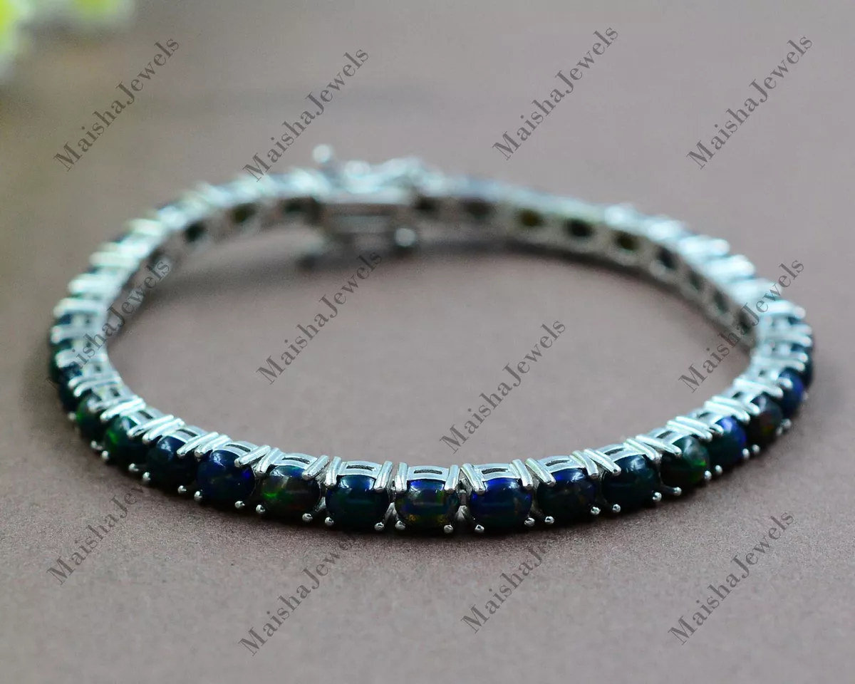 Natural Black Opal Tennis Bracelet 5X4 MM Oval 925 Sterling Silver Women Jewelry