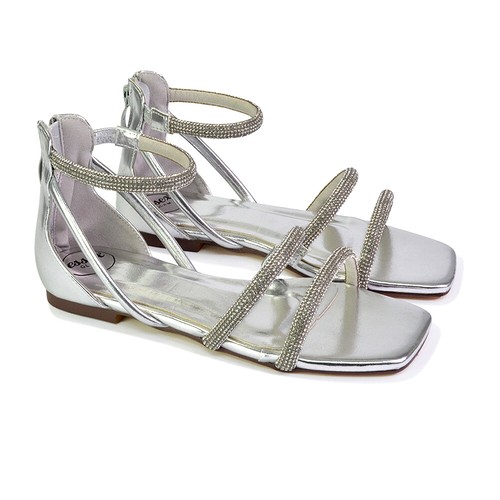 Womens Flat Gladiator Sandals Ladies Diamante Strappy Summer Shoes Size 3-8 - Picture 34 of 34