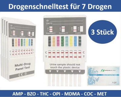 3x Drogenschnelltest - 7 Drogenarten: AMP - BZO - THC - OPI - MDMA - COC   MET