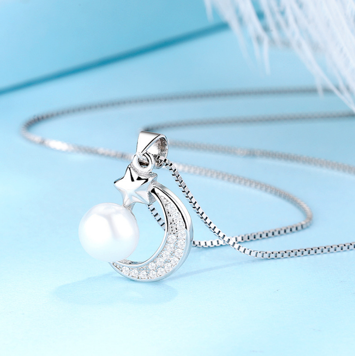 925 Sterling silver Crescent Moon Star 7mm Pearl CZ Pendant
