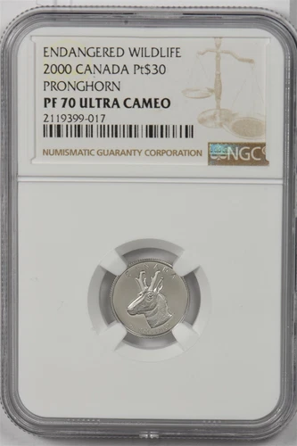Canada 2000 $30 platinum NGC Proof 70UC Pronghorn. 0.1oz platinum. 600 minted. P