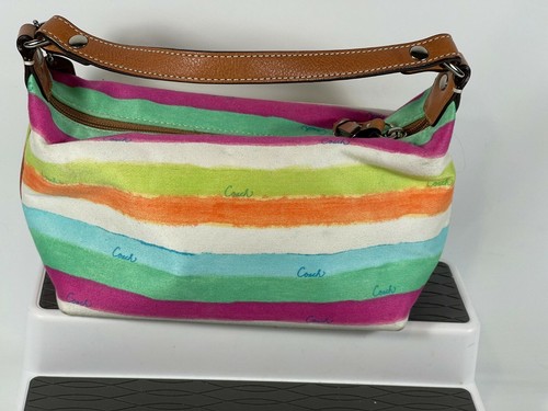 Rainbow Coach Mini Bag Top Handle Stripe Fabric Leather Strap - Picture 2 of 10