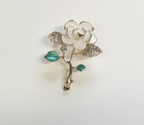 WHITE ENAMEL FLOWER BROOCH PIN GOLD COLOUR INC GRADE A DIAMANTES 36 X 47MM - Picture 3 of 3