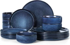 E-far 18-Piece Plates and Bowls Set, Dinnerware Service for 6, Deep Sea Blue 