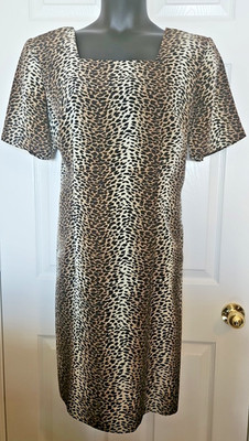 VTG Sag Harbor 18W Brown Black Leopard Print Sheath Dress SS Midi Back Zip Split