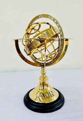 10'' Vintage Armillary Brass Sphere Globe With Wooden Base For Table Decor Gift