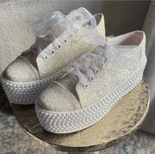 Cream Sparkle and pearl Bridal Platform Sneakers