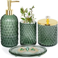 Bathroom Accessories Set, 4Pcs Sage Green Glass Bathroom Accessory Set Comple...
